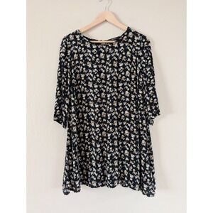 Forever 21 Black Floral Ditsy Print Y2K Tunic Dress Keyhole Quarter Sleeve M